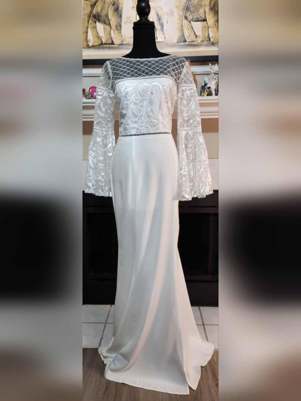 White Long-Sleeve Embroidered Evening Gown